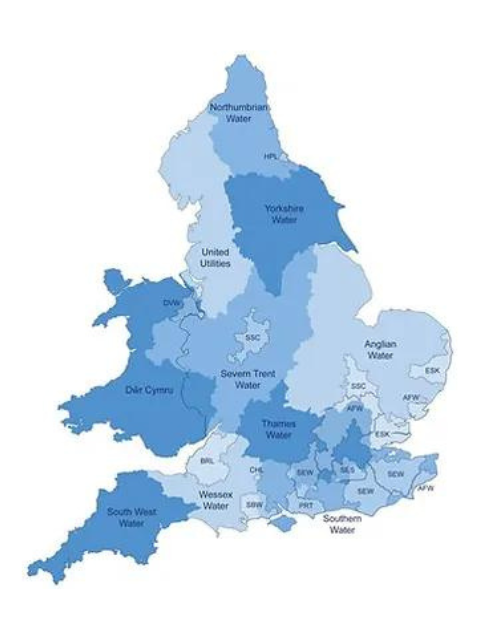 A map of england with blue areas.