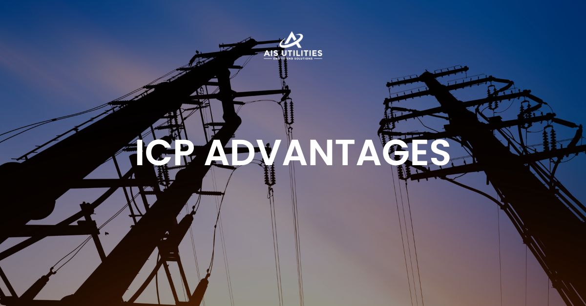Silhouettes of cranes against a twilight sky with text 'icp advantages' for ats utilities.