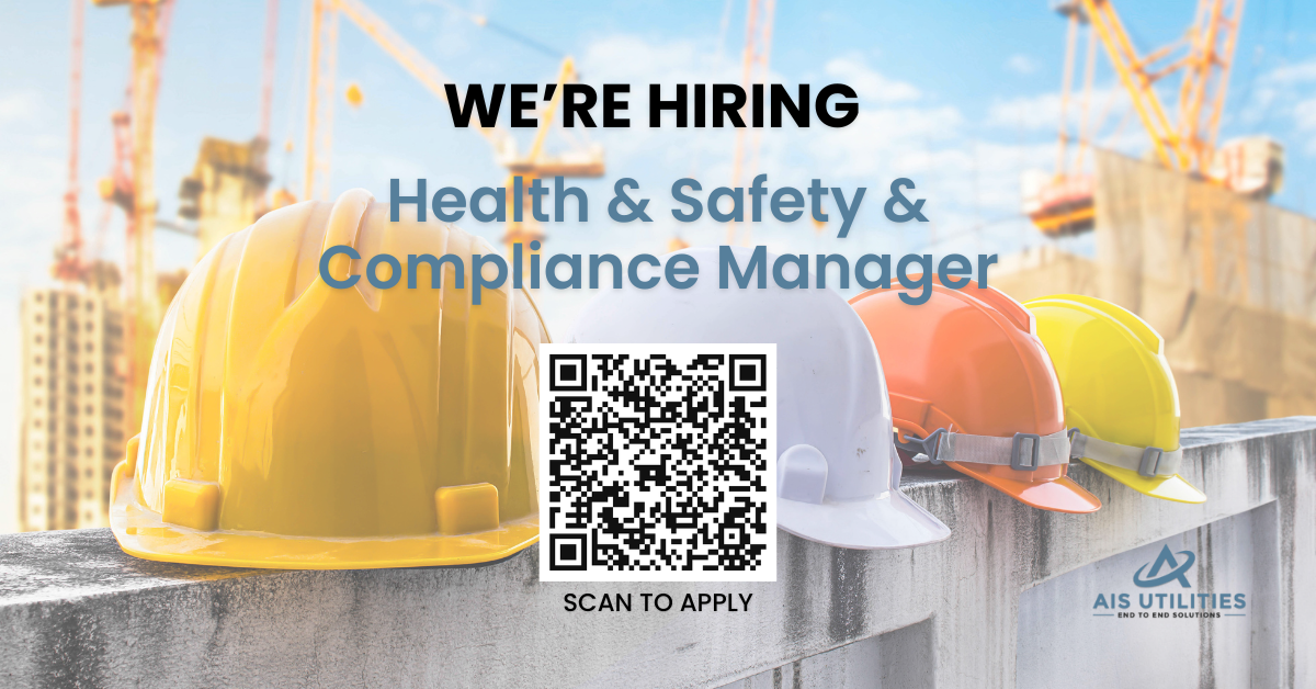 Job advertisement banner showing construction helmets and a qr code with text "we're hiring - health & safety and compliance manager.